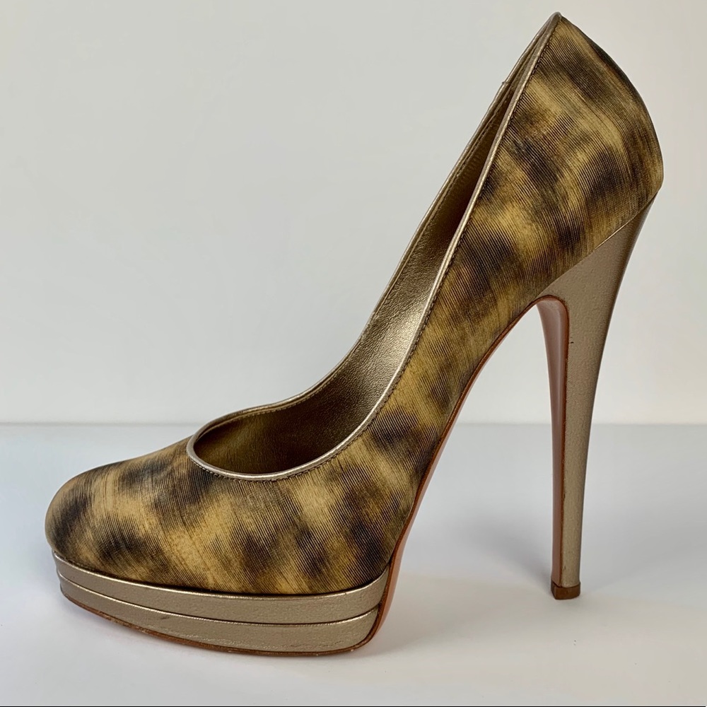 Casadei Leopard Print Satin Pumps with Leather Heels Size 8